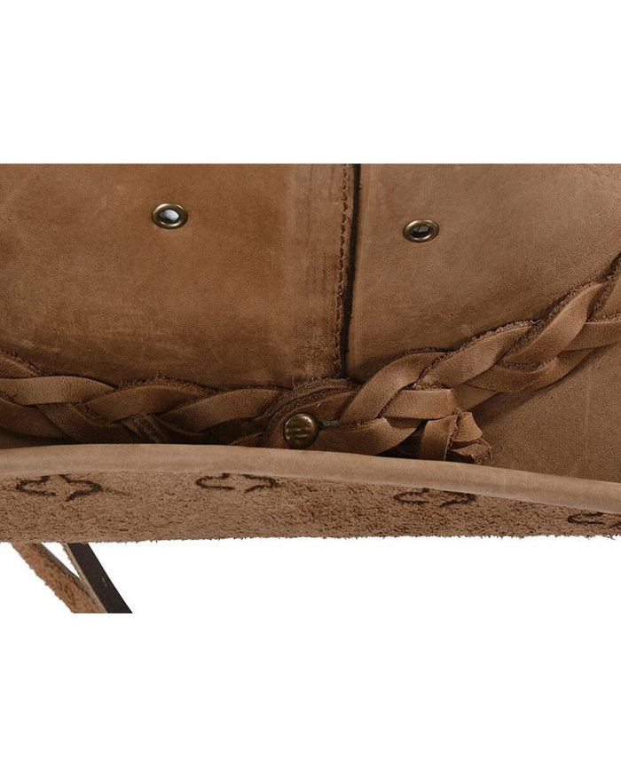 Real brown leather cowboy hat, braided leather around base, has adjustable chin strap