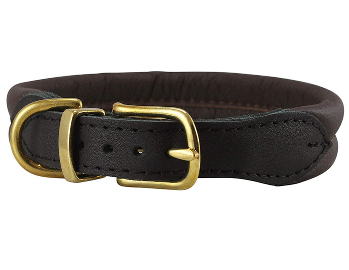 Brown Soft Genuine Rolled Leather Dog Collar Brass Hardware
