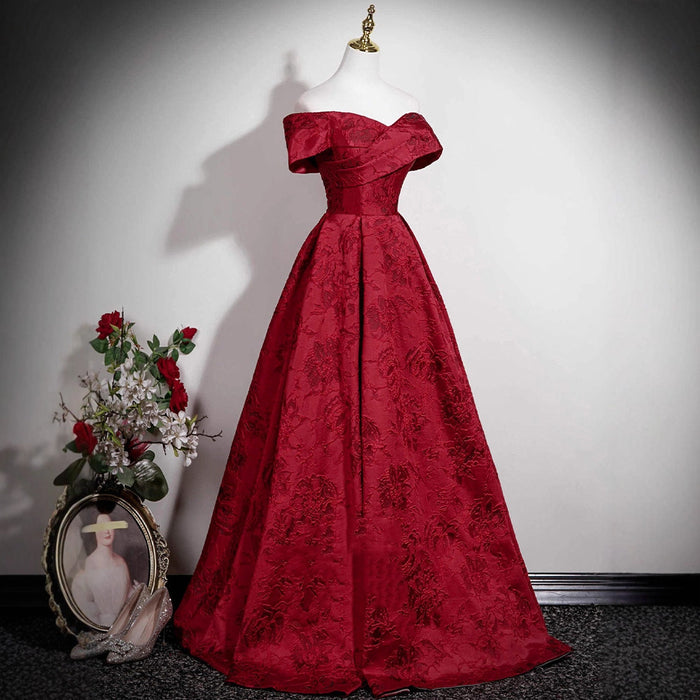 Burgundy Off-Shoulder Jacquard Prom Dress | Floor-Length Formal Gown for Women