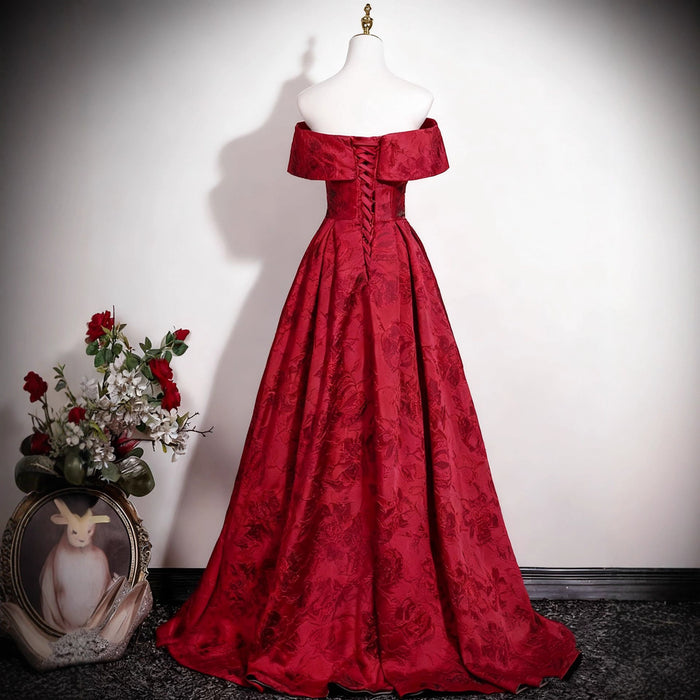 Burgundy Off-Shoulder Jacquard Prom Dress | Floor-Length Formal Gown for Women