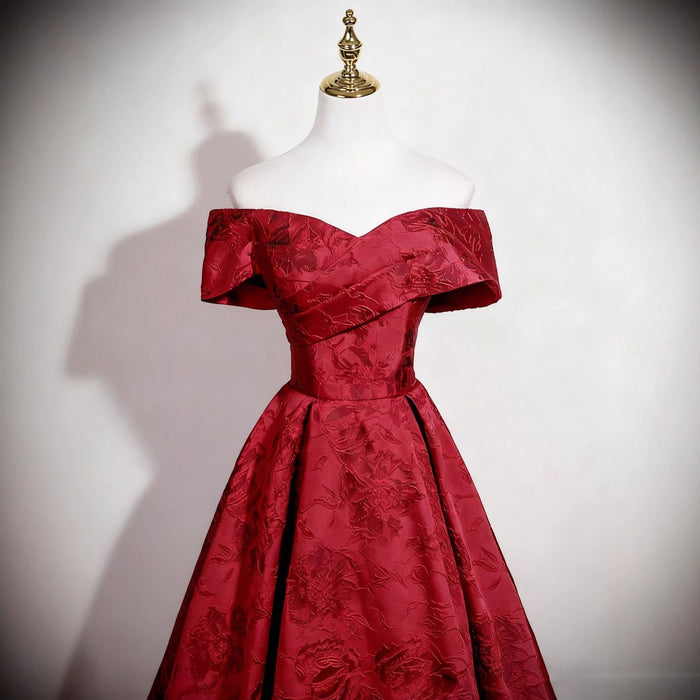 Burgundy Off-Shoulder Jacquard Prom Dress | Floor-Length Formal Gown for Women