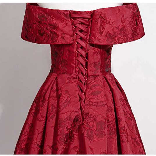 Burgundy Off-Shoulder Jacquard Prom Dress | Floor-Length Formal Gown for Women