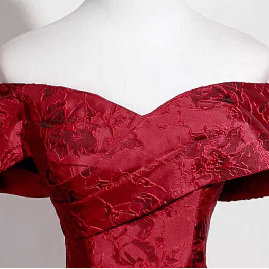 Burgundy Off-Shoulder Jacquard Prom Dress | Floor-Length Formal Gown for Women