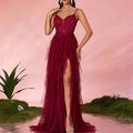 Burgundy Strapless Tulle Evening Gown – Multi Layer Floral High Slit Long Prom Dress