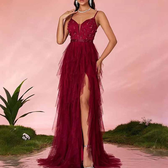 Burgundy Strapless Tulle Evening Gown – Multi Layer Floral High Slit Long Prom Dress