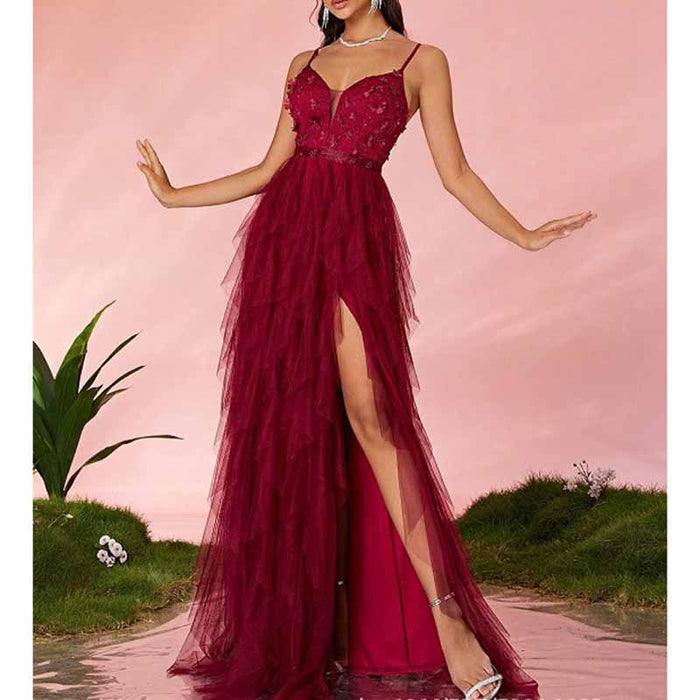 Burgundy Strapless Tulle Evening Gown – Multi Layer Floral High Slit Long Prom Dress
