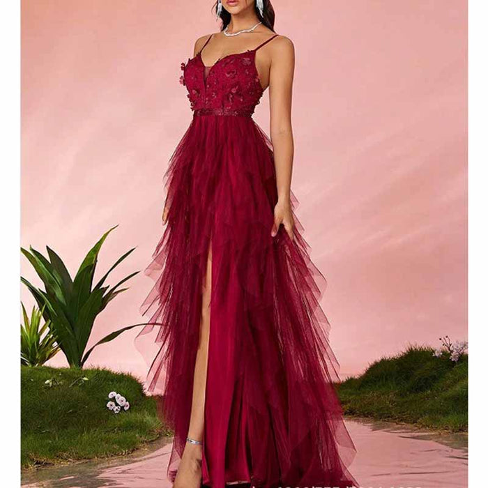 Burgundy Strapless Tulle Evening Gown – Multi Layer Floral High Slit Long Prom Dress