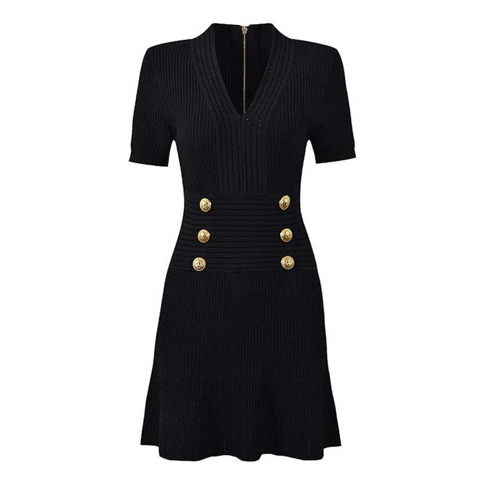 Button-embellished Flared Knit Mini Dress
