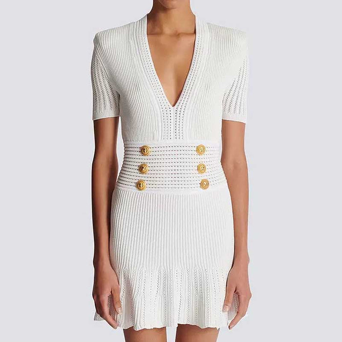 Button-embellished Flared Knit Mini Dress