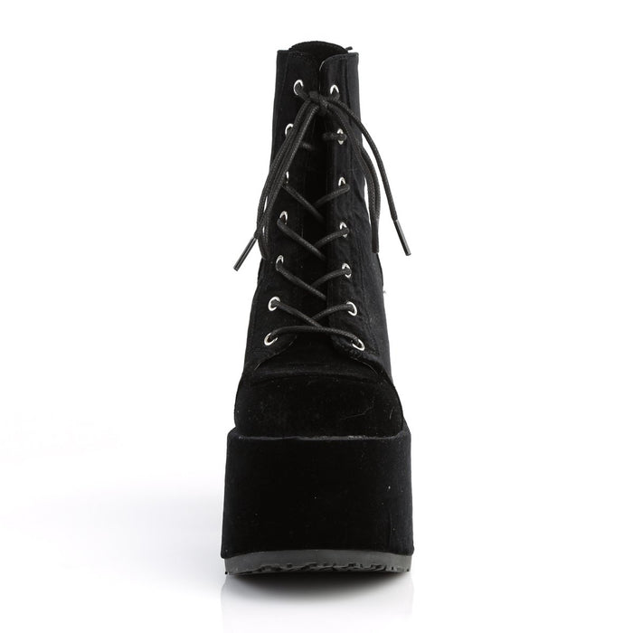 front side view of black velvet super chunky 5 inch heel 3 inch platform 7 eyelet lace-up front with full back zipper