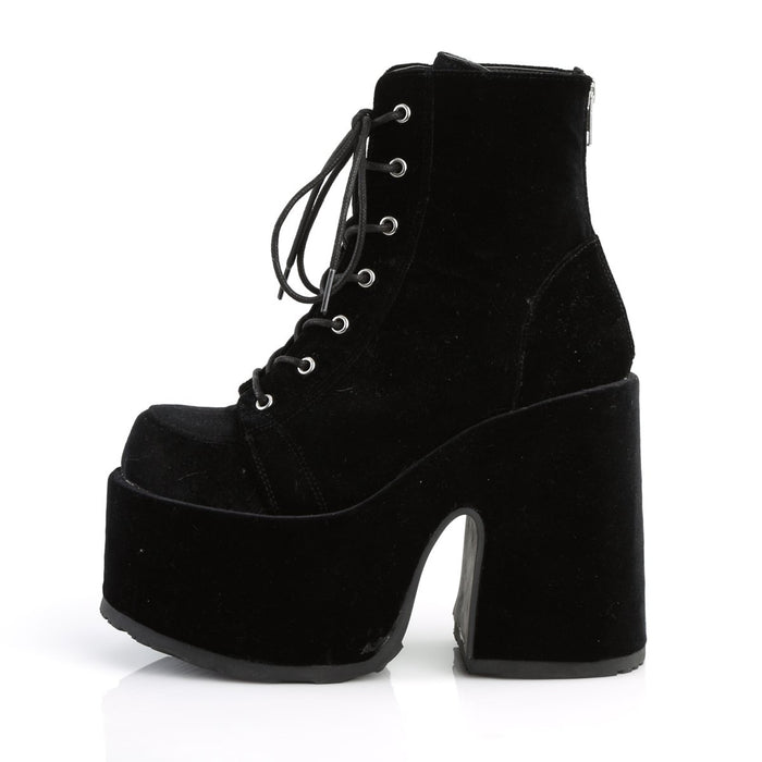 left side view of black velvet super chunky 5 inch heel 3 inch platform 7 eyelet lace-up front with full back zipper