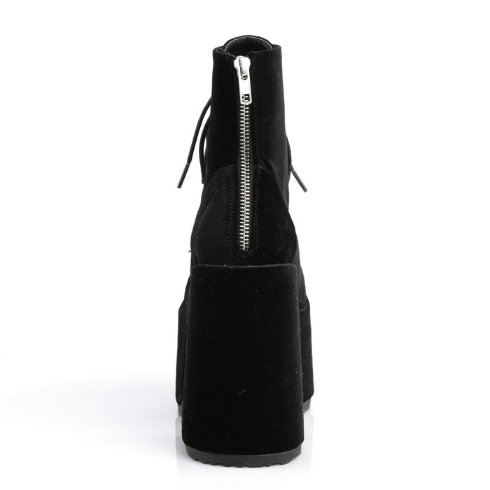 back side view of black velvet super chunky 5 inch heel 3 inch platform 7 eyelet lace-up front with full back zipper