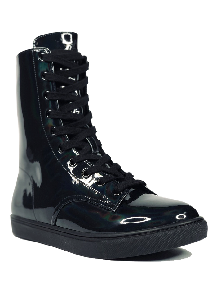 Women's black shiny hologram shoe with black cotton laces. Inner side of shoe has slots for cards (credit cards, ID, etc.) Rubber outsole.
