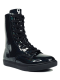 Women's black shiny hologram shoe with black cotton laces. Inner side of shoe has slots for cards (credit cards, ID, etc.) Rubber outsole.