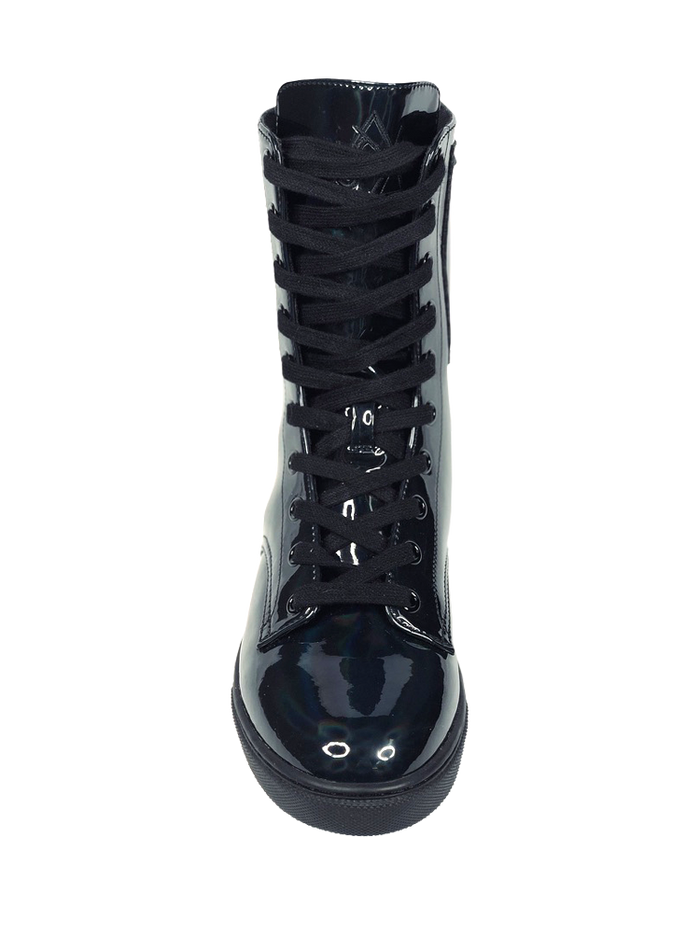 top view of Women's black shiny hologram shoe with black cotton laces. Inner side of shoe has slots for cards (credit cards, ID, etc.) Rubber outsole.