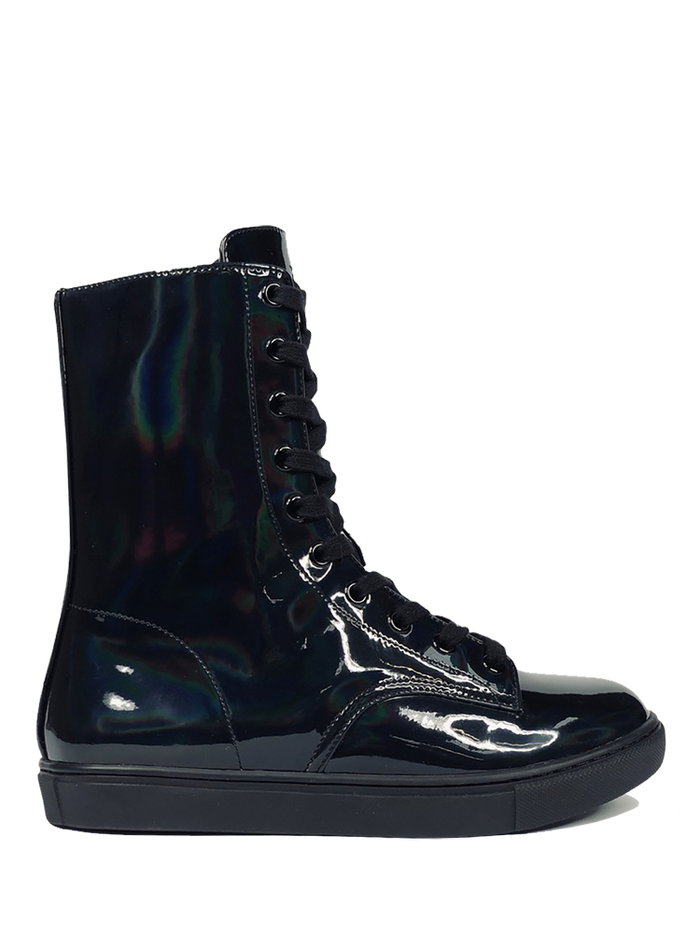 outer view of Women's black shiny hologram shoe with black cotton laces. Inner side of shoe has slots for cards (credit cards, ID, etc.) Rubber outsole.