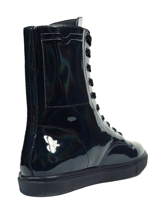 back view of Women's black shiny hologram shoe with black cotton laces. Inner side of shoe has slots for cards (credit cards, ID, etc.) Rubber outsole.