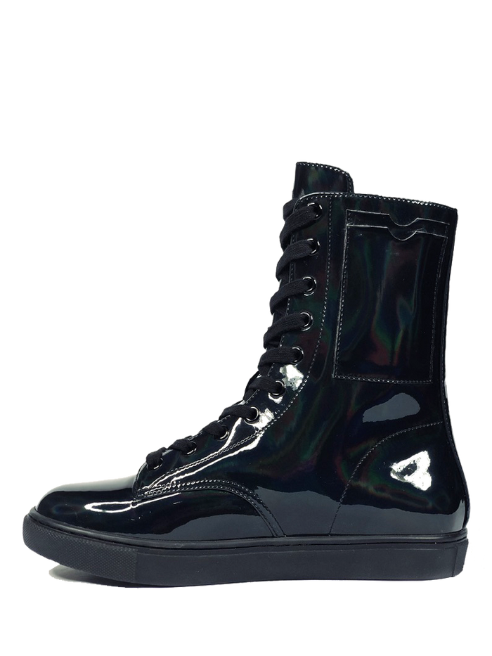 inner side view of Women's black shiny hologram shoe with black cotton laces. Inner side of shoe has slots for cards (credit cards, ID, etc.) Rubber outsole.