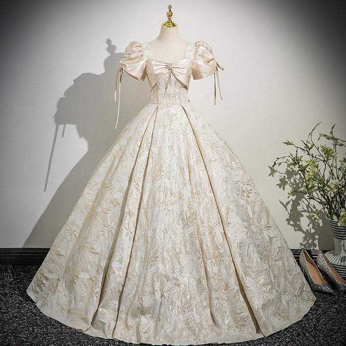Champagne Off Shoulder Prom Dress with Puff Sleeves | Corset Lace Up Formal Gown with Big Bow