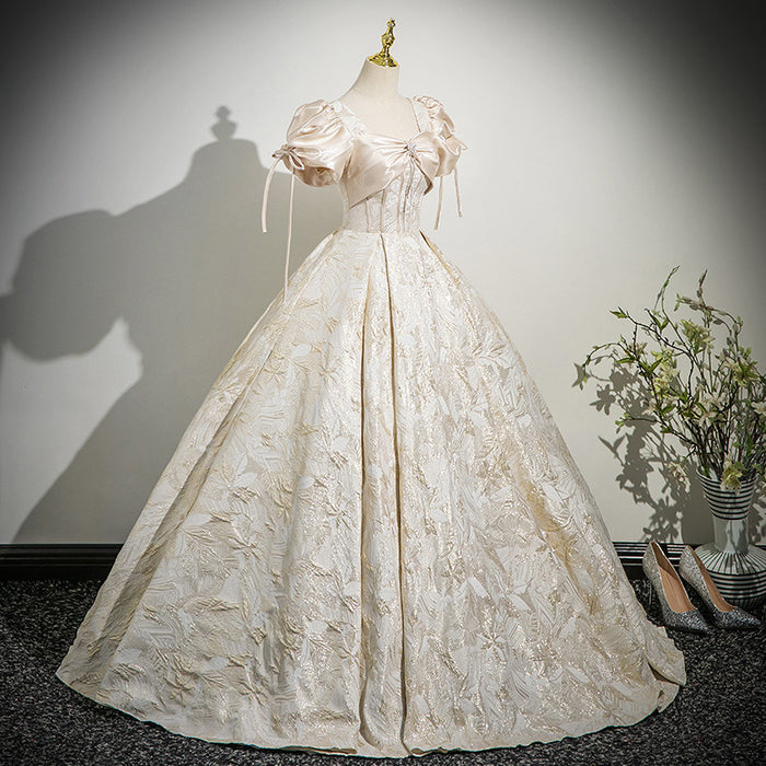 Champagne Off Shoulder Prom Dress with Puff Sleeves | Corset Lace Up Formal Gown with Big Bow