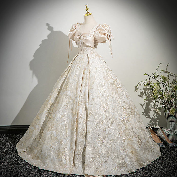 Champagne Off Shoulder Prom Dress with Puff Sleeves | Corset Lace Up Formal Gown with Big Bow