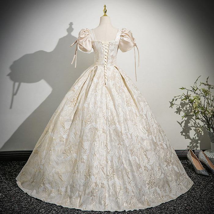 Champagne Off Shoulder Prom Dress with Puff Sleeves | Corset Lace Up Formal Gown with Big Bow