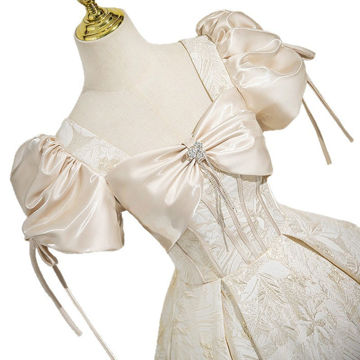 Champagne Off Shoulder Prom Dress with Puff Sleeves | Corset Lace Up Formal Gown with Big Bow