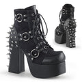 right and backside view of black vegan leather with suede panels 4.5 inch heel ankle boot with three O ring designs with spike in middle on each side of boot, tree spikes and s tuds on the back and 7 eyelet lace-up front