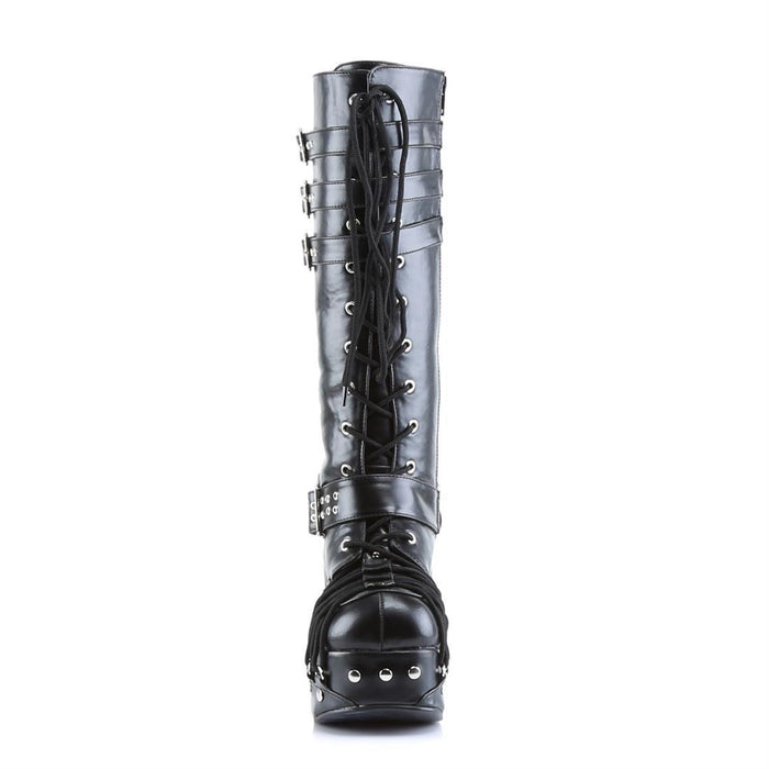 front side view of black vegan leather 2 inch platform knee high boot with three adjustable side buckles near the top, adjustable buckle around base, and lace details on front, platform, and heel of boot with lace-up front