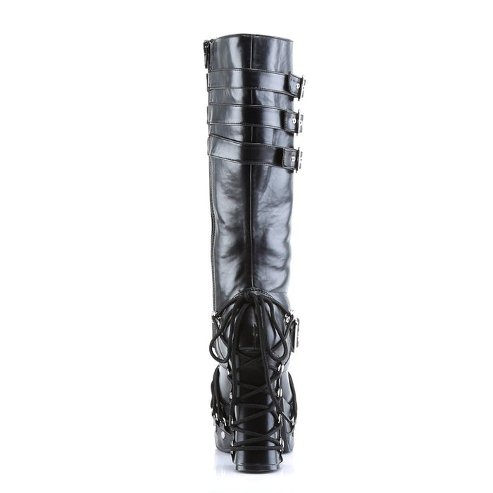 back side view of black vegan leather 2 inch platform knee high boot with three adjustable side buckles near the top, adjustable buckle around base, and lace details on front, platform, and heel of boot with lace-up front