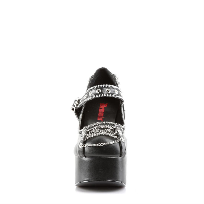 front side view of black vegan leather 2 inch platform mary jane with corset chain design detail on the front and back of shoe, with zipper detail around mouth of shoe and around adjustable front strap