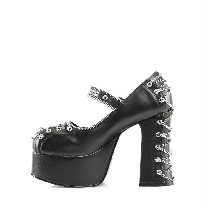 left side view of black vegan leather 2 inch platform mary jane with corset chain design detail on the front and back of shoe, with zipper detail around mouth of shoe and around adjustable front strap