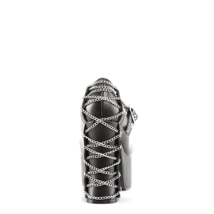 back side view of black vegan leather 2 inch platform mary jane with corset chain design detail on the front and back of shoe, with zipper detail around mouth of shoe and around adjustable front strap