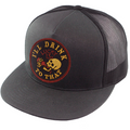 Charcoal colored flat bill snapback poplin-mesh cap with adjustable snapback closure with a fully embroidered "I'll Drink To That" patch sewn on front and small side embroidery.