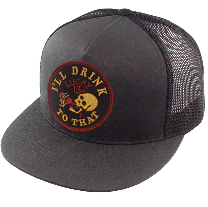 Charcoal colored flat bill snapback poplin-mesh cap with adjustable snapback closure with a fully embroidered "I'll Drink To That" patch sewn on front and small side embroidery.