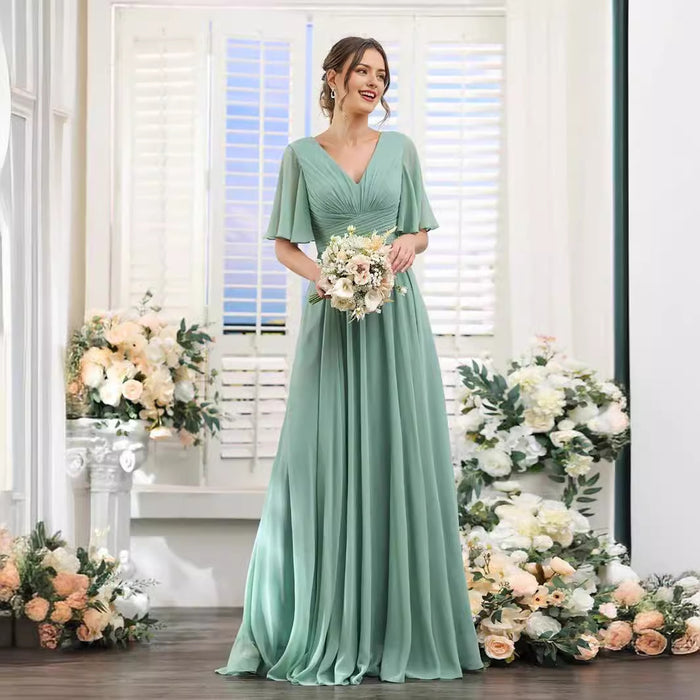 Chiffon Bridesmaid Dress - V Neck Sleeves Flowy A-Line Evening Party Gown
