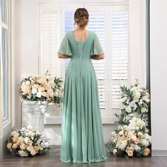 Chiffon Bridesmaid Dress - V Neck Sleeves Flowy A-Line Evening Party Gown