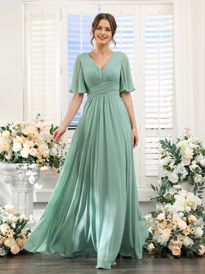 Chiffon Bridesmaid Dress - V Neck Sleeves Flowy A-Line Evening Party Gown