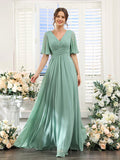 Chiffon Bridesmaid Dress - V Neck Sleeves Flowy A-Line Evening Party Gown