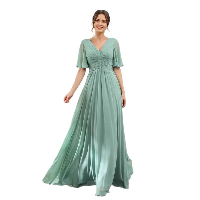 Chiffon Bridesmaid Dress - V Neck Sleeves Flowy A-Line Evening Party Gown