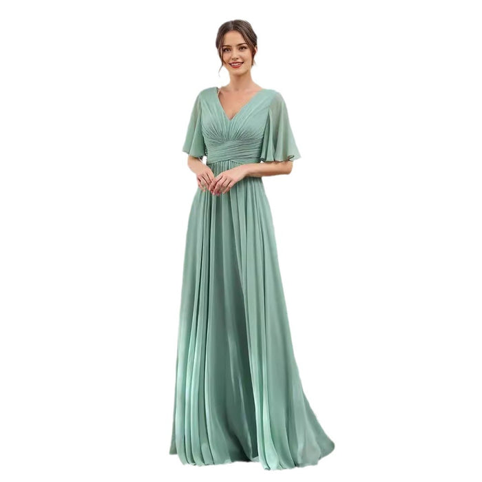 Chiffon Bridesmaid Dress - V Neck Sleeves Flowy A-Line Evening Party Gown