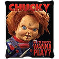 Micro plush fleece throw blanket features Chucky with bloody nose picture with a black background, top of blanket says CHUCKY, bottom right says "HI, I'M CHUCKY, WANNA PLAY?"; mirror image on back. Durable stitched-finished edge.