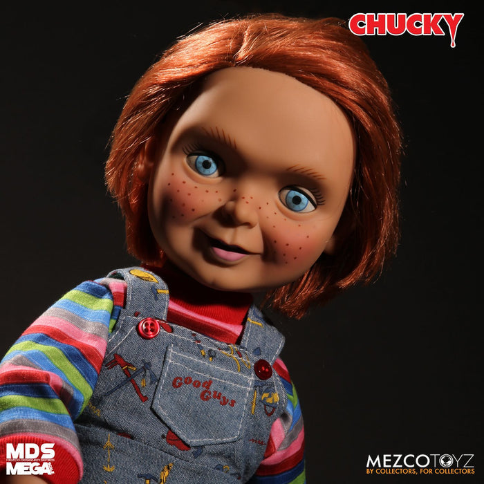 Chucky good guy doll with classic striped shirt and overalls.