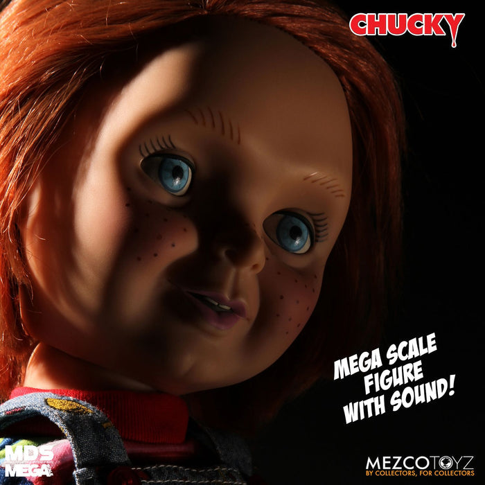 Chucky good guy doll with classic striped shirt and overalls.