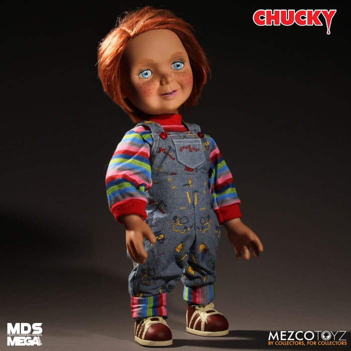 Chucky good guy doll with classic striped shirt and overalls.