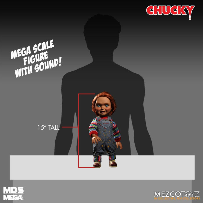 Chucky good guy doll with classic striped shirt and overalls.