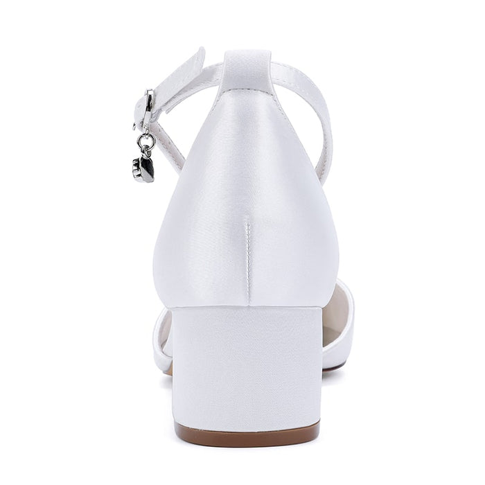 Elegant chunky heel ankle strap wedding shoes in white, perfect for bridal or special occasions