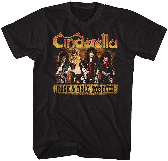 black cinderella band shirt with logo and picture of band with text that reads "rock & roll forever"