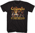 black cinderella band shirt with logo and picture of band with text that reads "rock & roll forever"