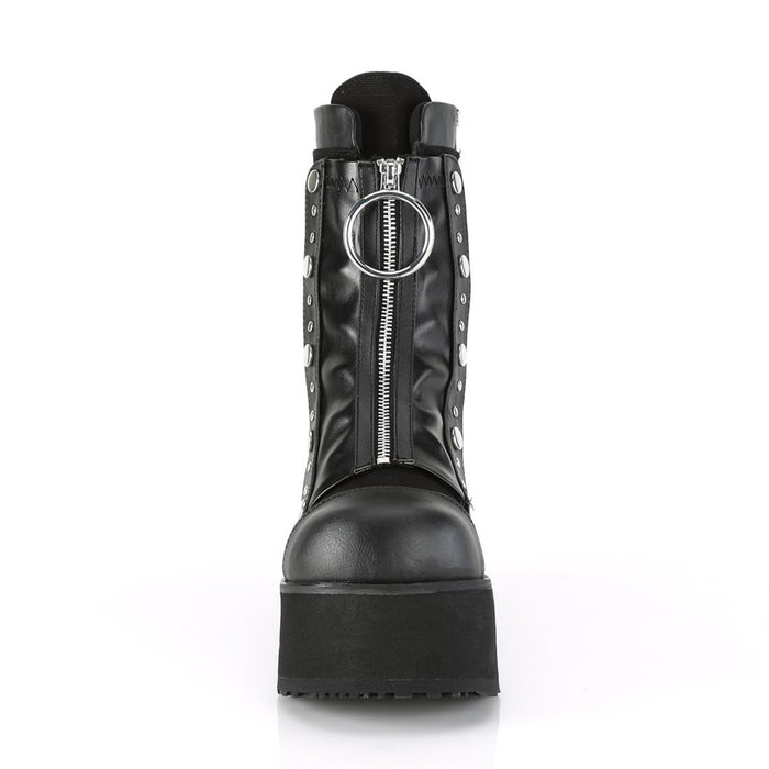 front view of black vegan leather mid calf 3.5 inch wedge platform boot with front snap-on stretch panel that has a zipper with large O ring pull tab, which hides laces. also has lace up back